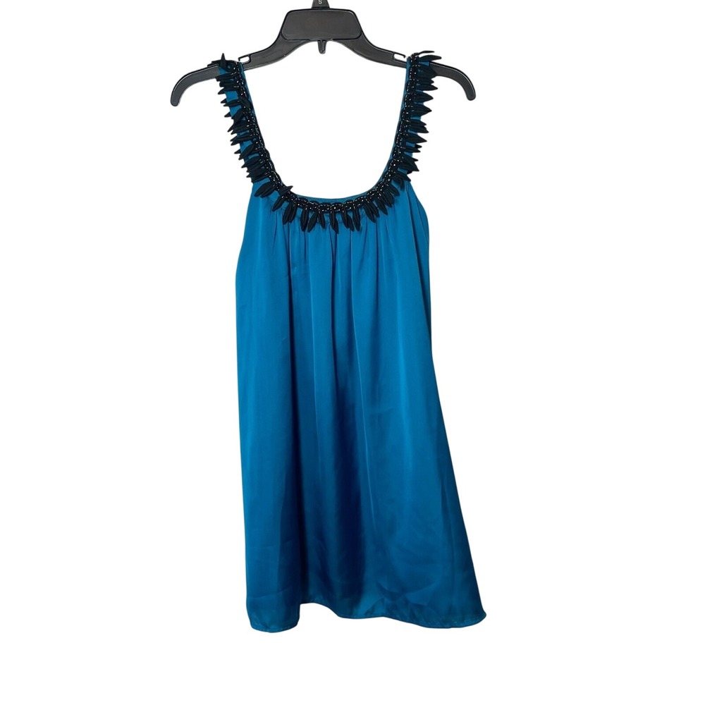 MM Couture By Miss Me Satin Fringe Mini Dress Sleeveless Blue S Beaded Neckline